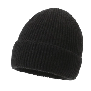 Classic black knitted beanie with vertical ribbed texture and folded cuff for winter warmth