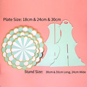 3-tier mint green paper cupcake stand with gold trim and striped plates for dessert display
