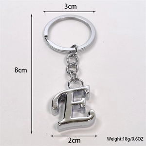 Silver metal letter E keychain dimensions showing 8cm length and 18g weight on white background