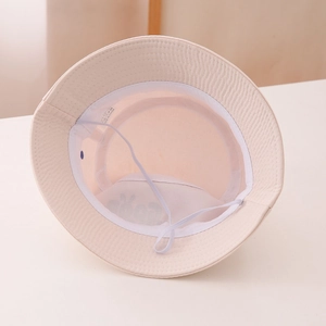 Beige cotton kids bucket hat with breathable mesh lining and windproof elastic cord