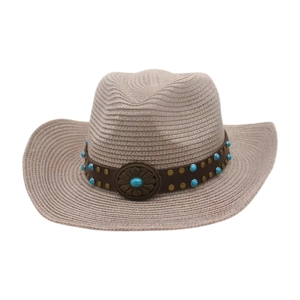 Handwoven western cowboy straw hat with turquoise beads and vintage metal floral decor