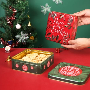 Christmas square tin gift boxes with Peace on Earth and Making Spirits Bright festive designs
