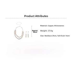 Detailed specs for double-layer flower necklace and earrings set made of copper and rhinestones