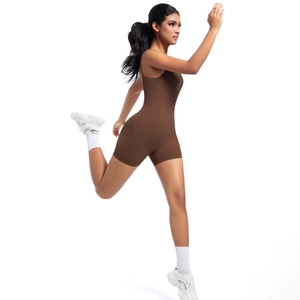 Women's dark brown sleeveless sports romper for yoga and fitness with athletic fit