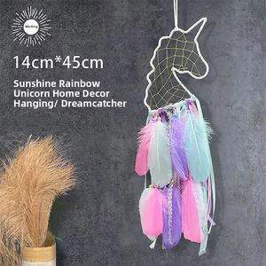 Close-up of unicorn dream catcher with pastel feathers, dimensions 14cm by 45cm