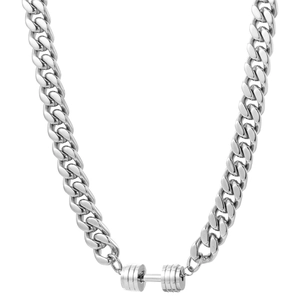 Polished silver cuban chain necklace with a barbell dumbbell pendant on white background