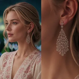 Detailed view of silver zircon water drop tassel earrings on a fashion model
