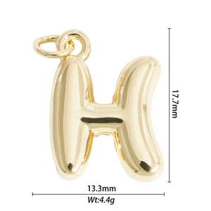Balloon style gold letter H pendant showing dimensions 17.7mm by 13.3mm and weight 4.4g