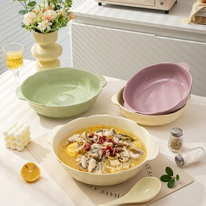 Large Ceramic Soup Bowl Double Handles Wave Edge Underglaze Color Ins Style Serving Basin For Salad Sauerkraut Fish Fruit