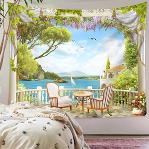 Bedroom wall decor featuring a large Mediterranean seascape tapestry with floral balcony view