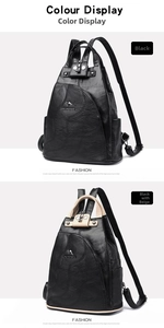 Close-up of litchi texture PU leather backpacks with metal kangaroo logo and quilting detail