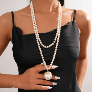 Baroque Vintage Multi Layer Artificial Pearl Necklace Long Sweater Chain With Rhinestone Alloy Flower Cap Pendant Elegant For Women
