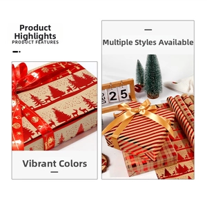 Macro detail of kraft paper gift wrap with vintage reindeer prints and red festive ribbons