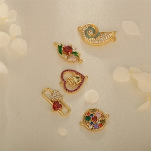 Gold plated charms with colorful zircon in conch and heart shapes for DIY jewelry