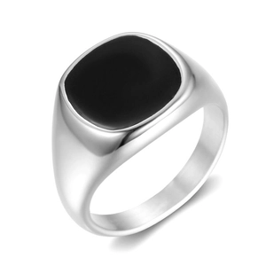 Modern silver stainless steel signet ring with a polished black rectangular resin inlay