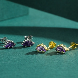 Exquisite S925 silver dinosaur stud earrings with purple zircon in gold and silver finish