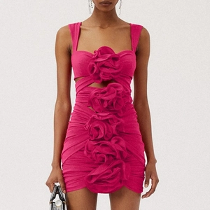 Rose pink mini dress featuring large 3D floral accents and side cut-outs for women