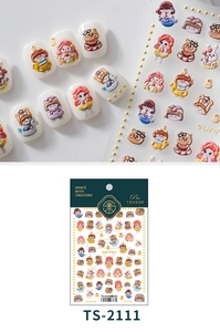 Detail of 3D embossed nail stickers featuring summer beach girls and duck swim rings
