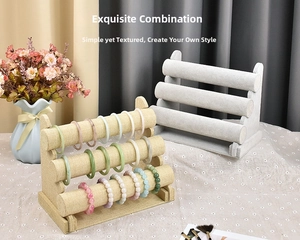 Detailed view of 3-tier jewelry display rack showing linen and velvet texture materials