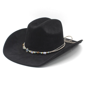 Black faux suede western cowboy hat with turquoise beaded band and flat brim for adults