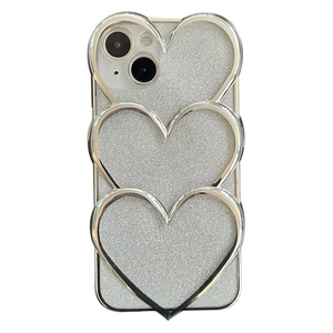 Silver glitter iPhone case featuring layered metallic hearts in a minimalist Y2K aesthetic