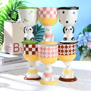 Ceramic Ice Cream Cup Dessert Bowl Hand Painted Cartoon Character Bear Panda Goblet Birthday Gift High Footed Mug Party Decor