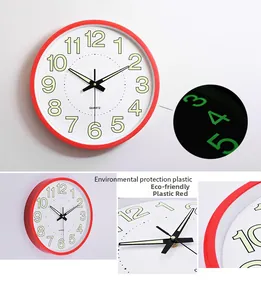 Detail showing the red clock frame made of eco-friendly plastic and luminous green numerals