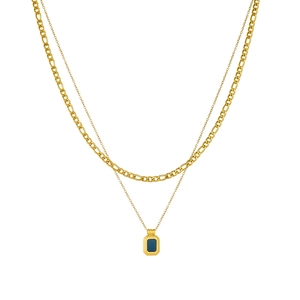 Double-layer gold stainless steel necklace with blue rectangular pendant and Figaro chain