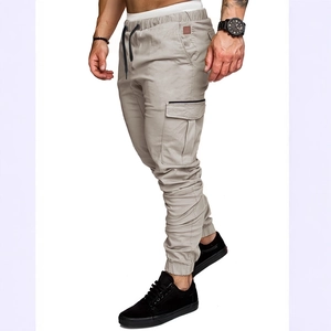 Men's khaki slim fit cargo pants with multi-pockets and drawstring jogger cuffs