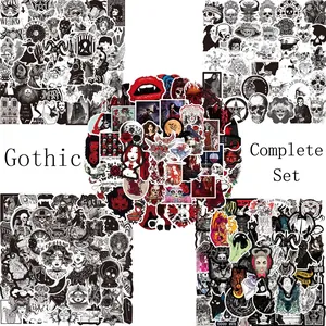 Variety of Gothic punk stickers featuring skulls and dark art for luggage and decor