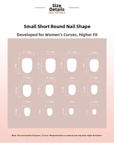Size chart for short round press-on nails showing 12 different width and length dimensions