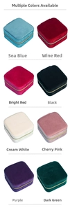 Collection of square velvet jewelry boxes in eight colors with a secure zipper closure