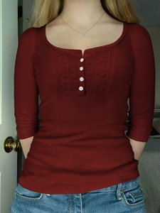 Deep red long sleeve Y2K top with lace patchwork and white buttons for women
