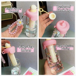 Cute floral portable straw water bottle with pink lid, tea filter and flower bead handle