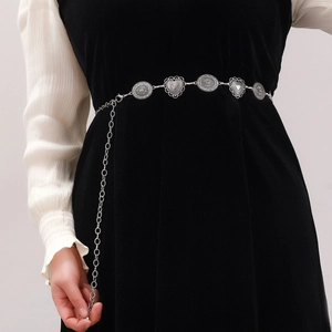 Retro silver heart waist chain belt with embossed patterns for women's fashion outfits