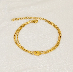 Close-up of double-layer 18K gold plated Hamsa hand pendant and NK chain bracelet