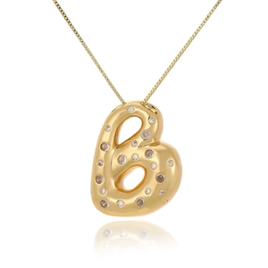 Detail of 18k gold plated bubble letter B pendant with sparkling cubic zirconia inlay