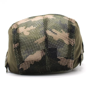 Detail of breathable camouflage mesh fabric and metal side buckles on the summer flat cap