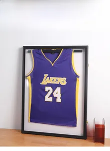 Detail of black sports jersey display frame with high-transparency panel for wall mounting