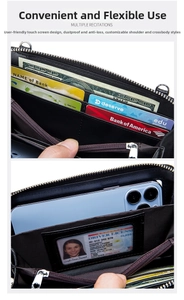 Detail view of black crossbody phone wallet with multi-card slots and clear ID window