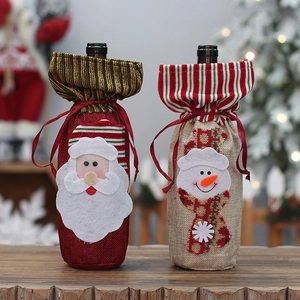 Christmas burlap wine bottle bags with felt Santa and Snowman designs for holiday decor