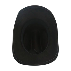 Vista dall'alto di un cappello da cowboy in feltro nero che mostra l'interno e la tesa curva