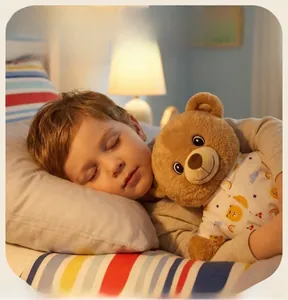 Close-up of a child cuddling a soft brown plush bear toy in a cozy sleeping scene