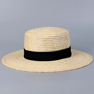 Women Boater Hat Natural Wheat Straw Flat Top Wide Brim Sun Protection Ribbon Band Summer Beach Vacation Elegant Retro
