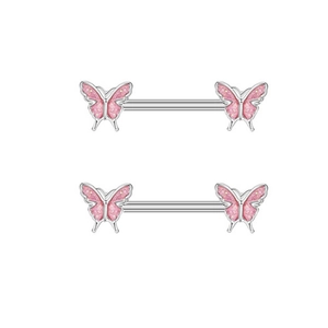 Détail de bijoux de téton papillon rose pailleté avec barres droites en acier inoxydable