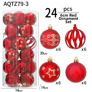Detailed set of 24 red 6cm Christmas balls with glitter and star patterns in 30cm tube