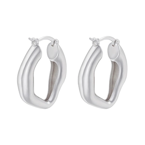 Detailed view of irregular geometric silver-tone hoop earrings with high-polish finish