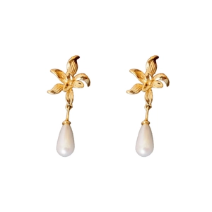 14K gold plated flower earrings with elegant white teardrop pearls for a refined look