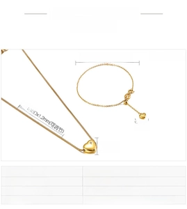 Detailed size parameters for gold stainless steel heart necklace and bracelet jewelry set