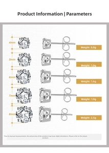 Size chart showing dimensions and weights for 4-8mm S925 sterling silver diamond stud earrings